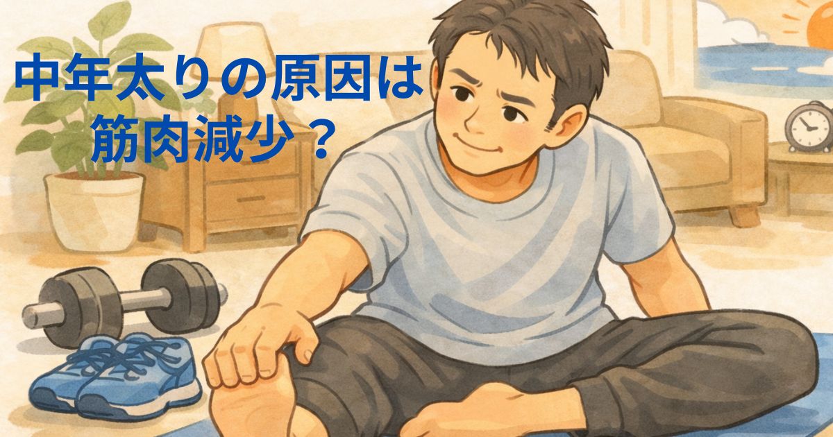 中年太りの原因として筋肉量の低下に悩む40代男性が自宅でストレッチしているイラスト