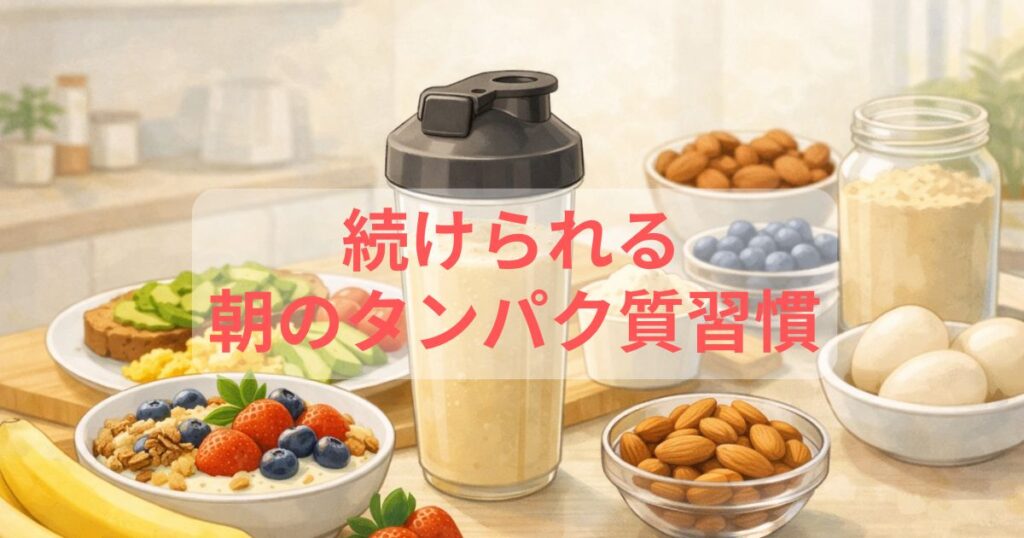プロテインと卵、果物を使った朝のタンパク質習慣のイメージ