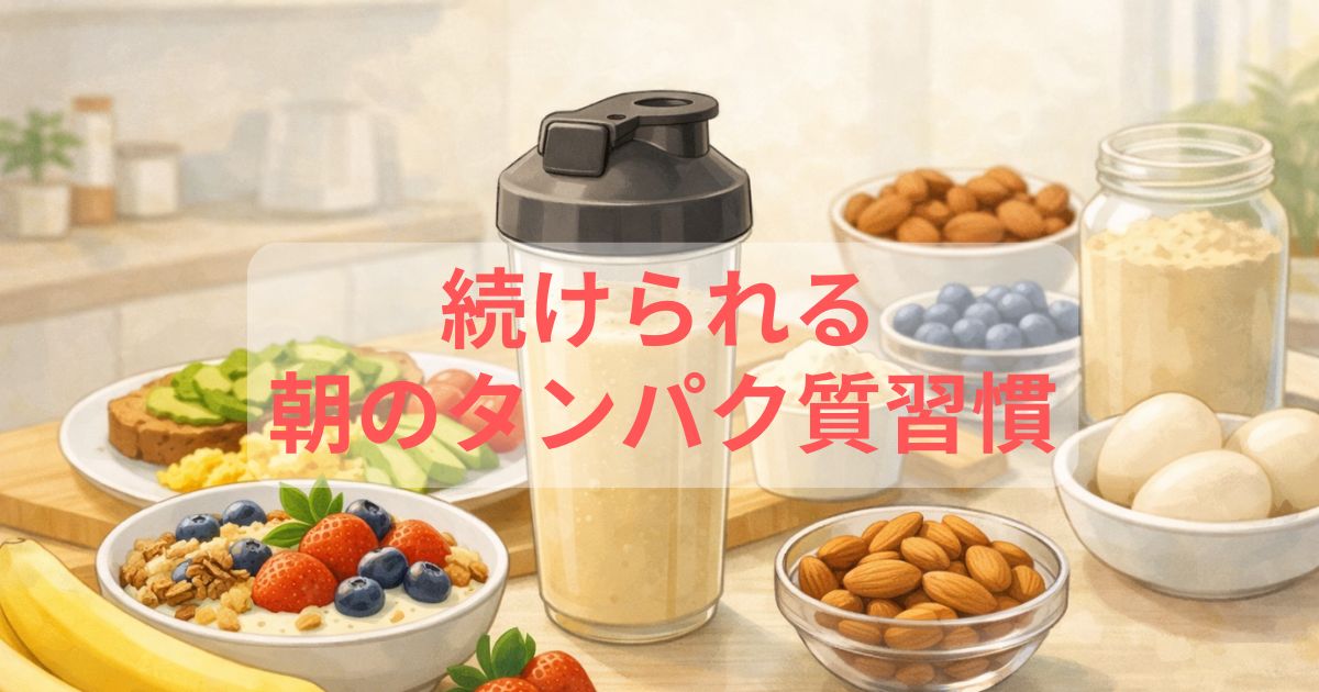 プロテインと卵、果物を使った朝のタンパク質習慣のイメージ