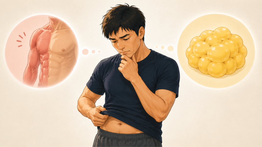 40代の体のたるみや筋力低下の原因をイメージした男性のイラスト