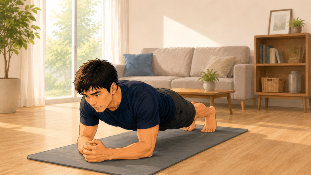 40代男性が自宅で体を引き締めるためにプランクをしているイラスト