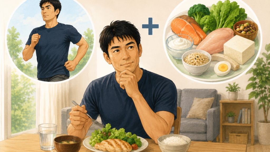 40代男性の運動習慣と高たんぱくな食事をイメージしたイラスト