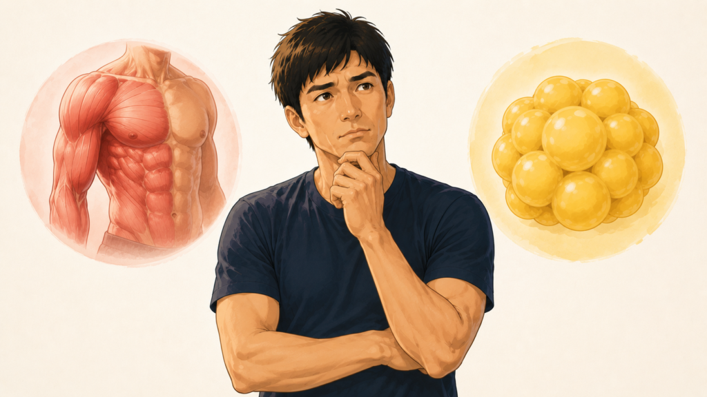 筋肉と脂肪の違いについて考える40代男性のイラスト