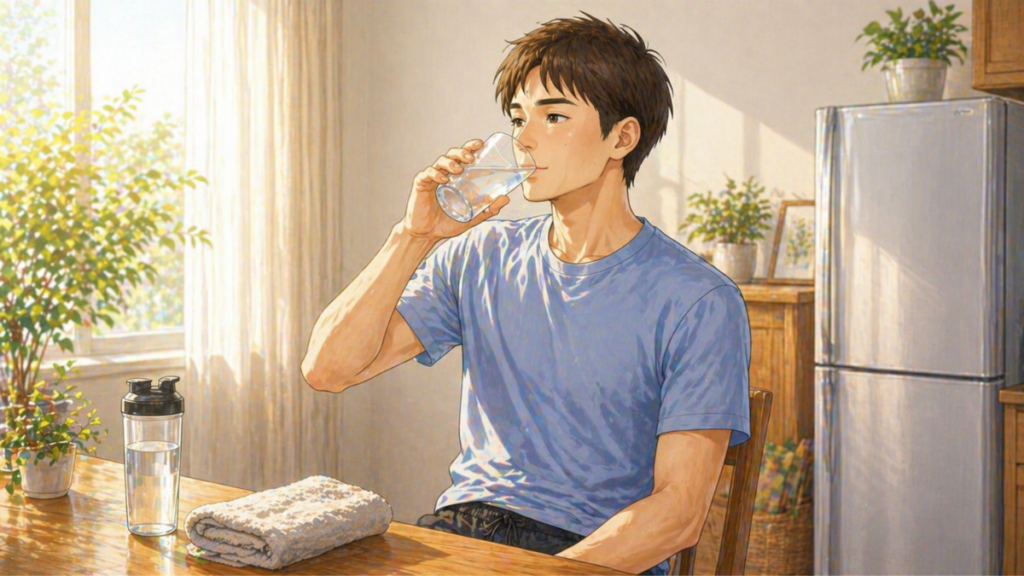 40代男性が筋トレ後に水分補給をして回復を意識している様子