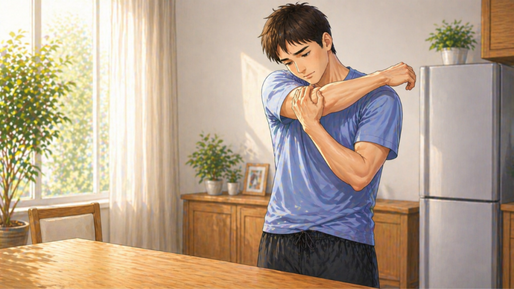 40代の筋トレ後に肩の筋肉痛を感じながらストレッチをしている様子
