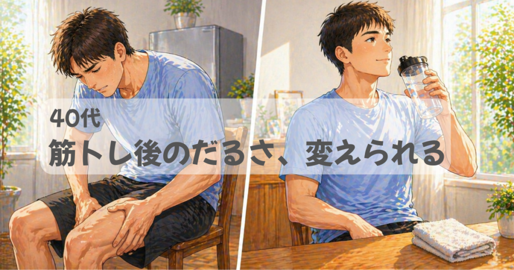 40代の男性が筋トレ後のだるさと筋肉痛で悩み回復するイメージ