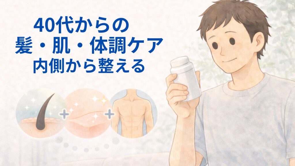 40代男性がサプリを持ちながら、髪・肌・体調を内側から整えるイメージイラスト