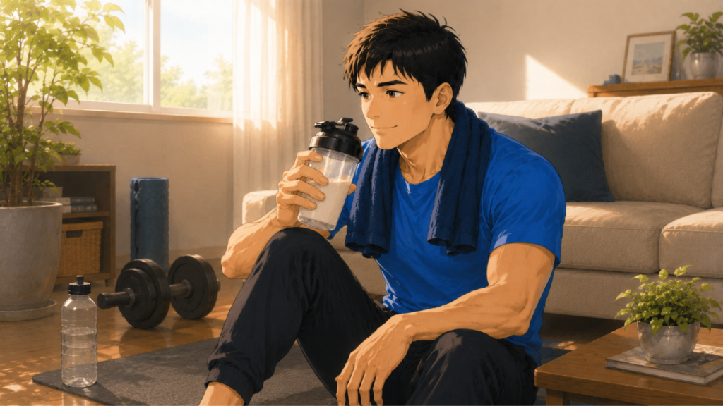 自宅トレーニング後にプロテインを飲みながら休憩する男性のイラスト