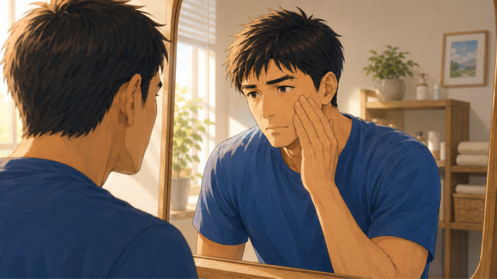 鏡を見ながらスキンケアを始めた40代男性のイラスト
