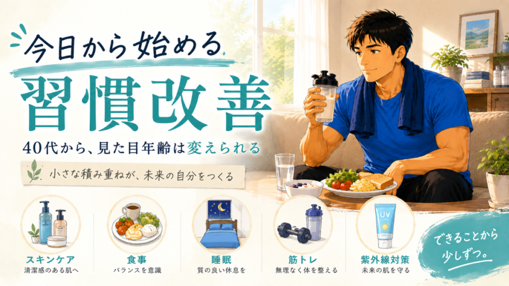 40代男性が生活習慣を見直し、見た目年齢改善を意識するイラスト