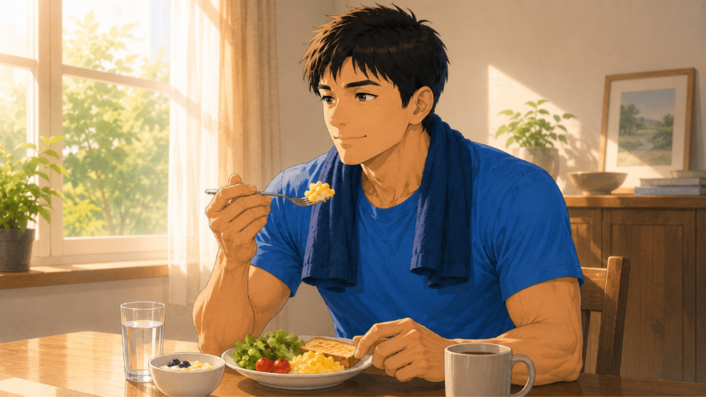 朝食を食べながら健康的な生活習慣を意識する男性のイラスト