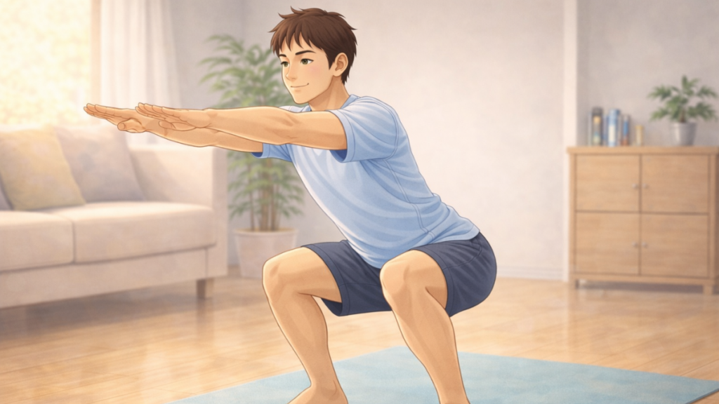 自宅でスクワットを行う40代男性のトレーニングイメージ