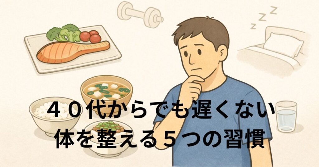 40代男性が食事・運動・休息を考えながら体を整える習慣をイメージしたイラスト