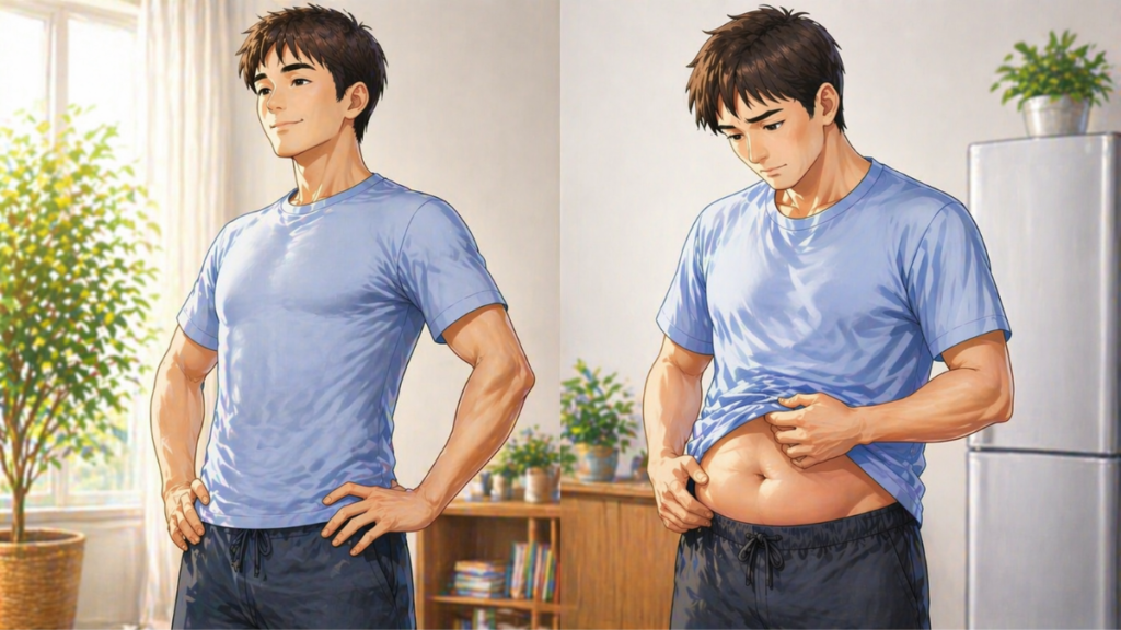 40代男性の筋肉減少による体型変化の比較イラスト