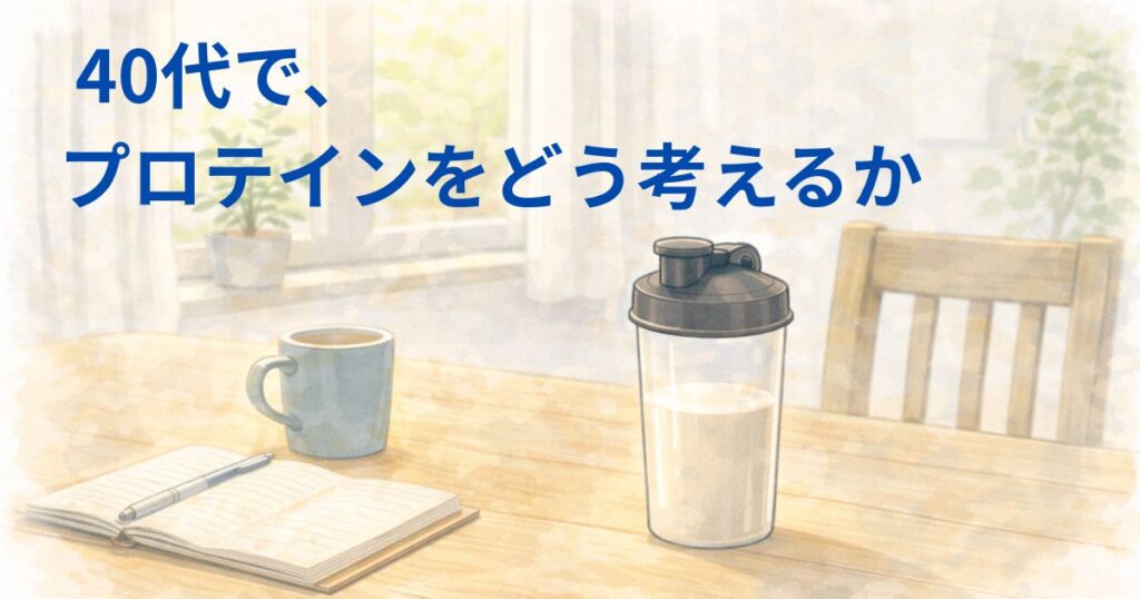 朝のダイニングテーブルにシェイカーとノートが置かれている、40代のプロテインの考え方をイメージしたイラスト