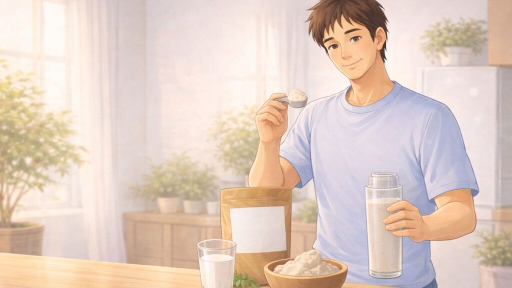 40代の筋トレにおすすめのプロテインを準備する男性