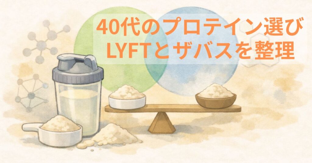 40代向けにLYFTとザバスのプロテインを生活目線で整理したイメージ