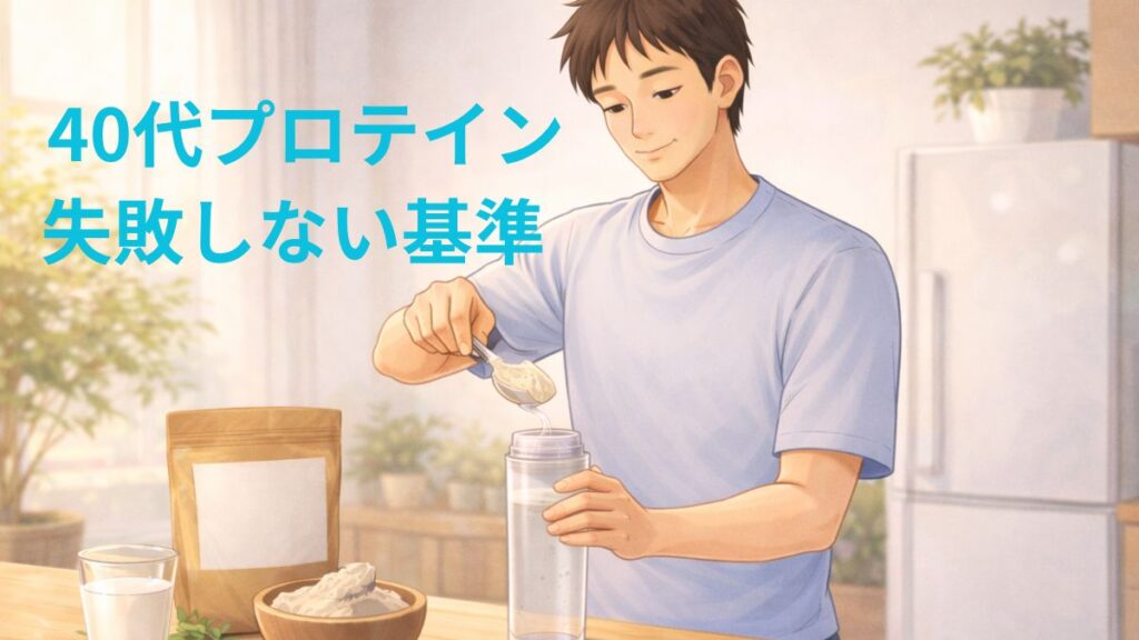 40代男性がプロテインを選ぶ基準を解説するイメージ