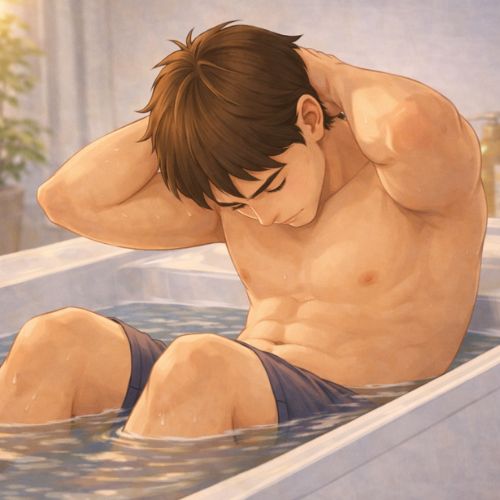 お風呂の湯船で基本の腹筋トレーニングをする男性