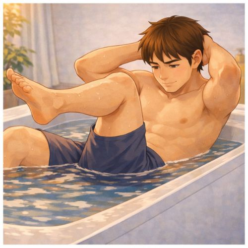 お風呂で自転車こぎ腹筋をする男性