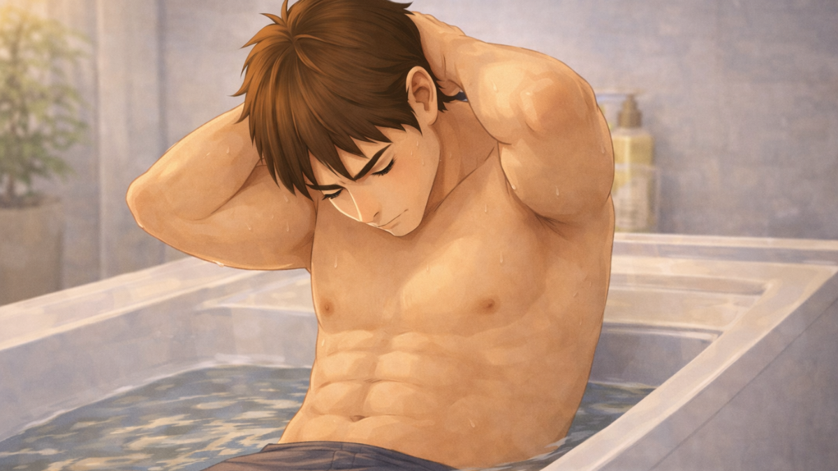 お風呂の湯船で腹筋トレーニングをする40代男性