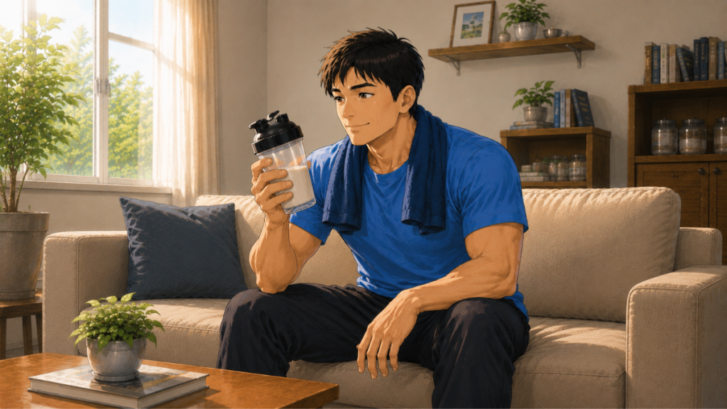 プロテインを持ちながら健康習慣を意識する40代男性のイラスト