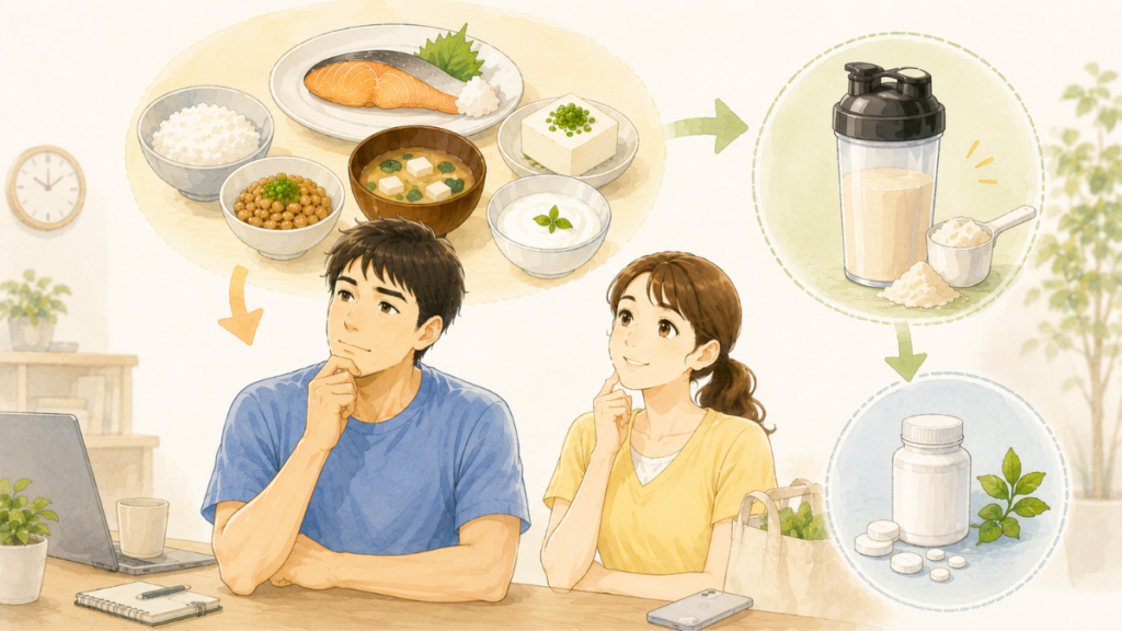 食事だけで難しい40代が補助食品を使う考え方を表したイラスト