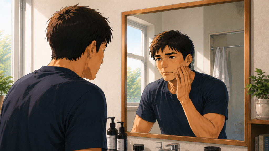鏡を見ながら顔の変化を気にする40代男性のイラスト