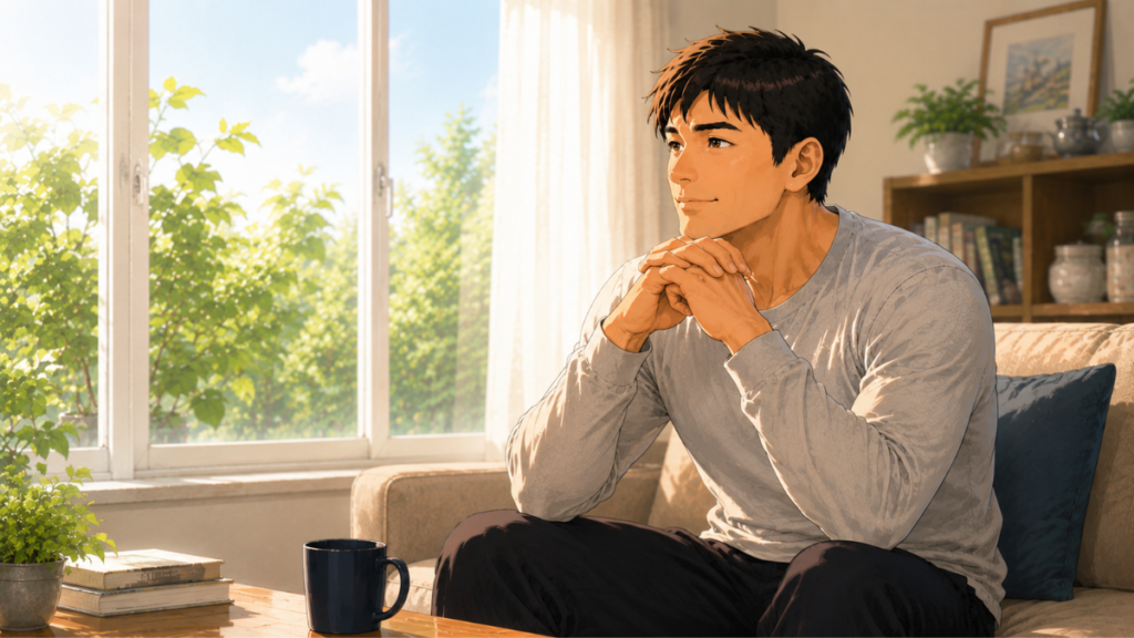 生活習慣を見直しながら前向きに過ごす40代男性のイラスト