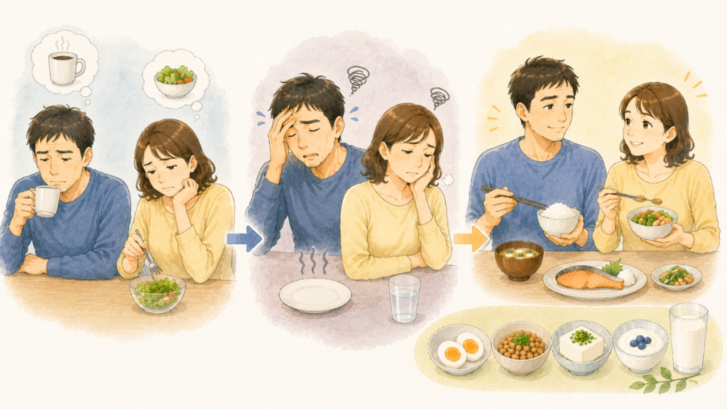 40代の食べないダイエットが逆効果になりやすい理由を表したイラスト