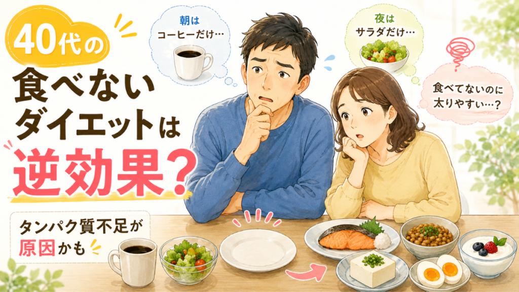 40代の食べないダイエットとタンパク質不足を表したアイキャッチイラスト