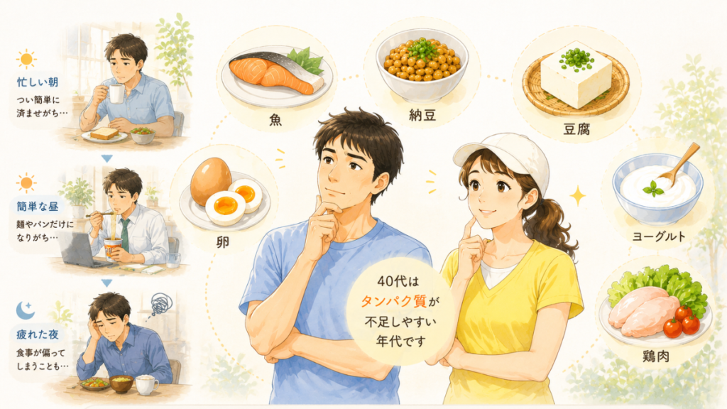 40代こそタンパク質不足に注意したい理由を表したイラスト
