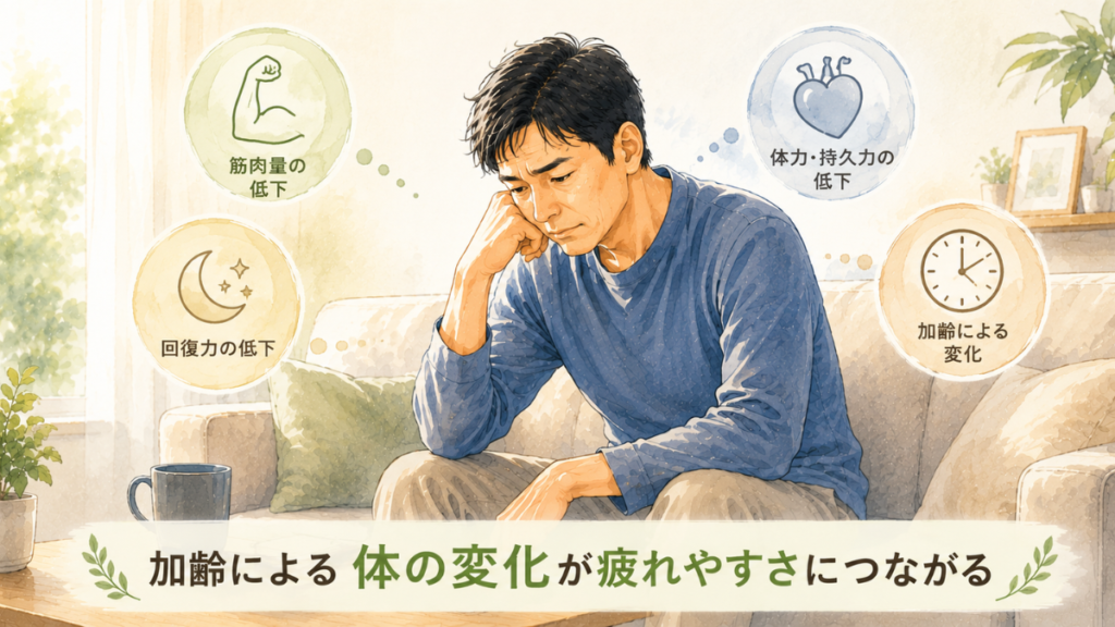 40代男性が加齢による体力低下や疲れやすさを感じているイメージ