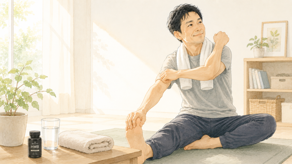40代男性が運動前にストレッチをして体づくりに取り組むイメージ