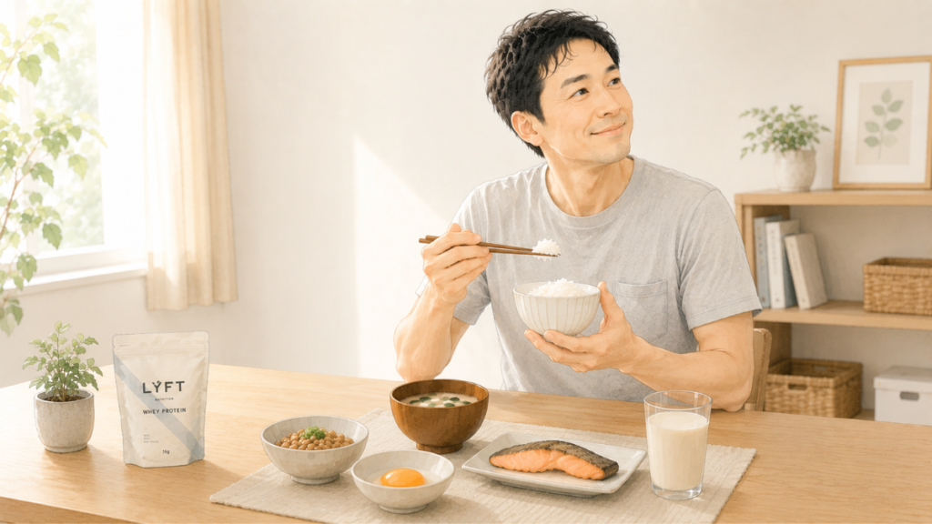 40代男性が食事とプロテインでたんぱく質を補給しているイメージ