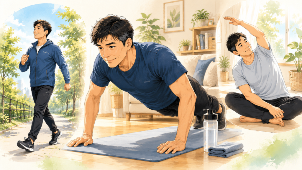 ぽっこりお腹改善のために運動習慣を続ける40代男性のイラスト