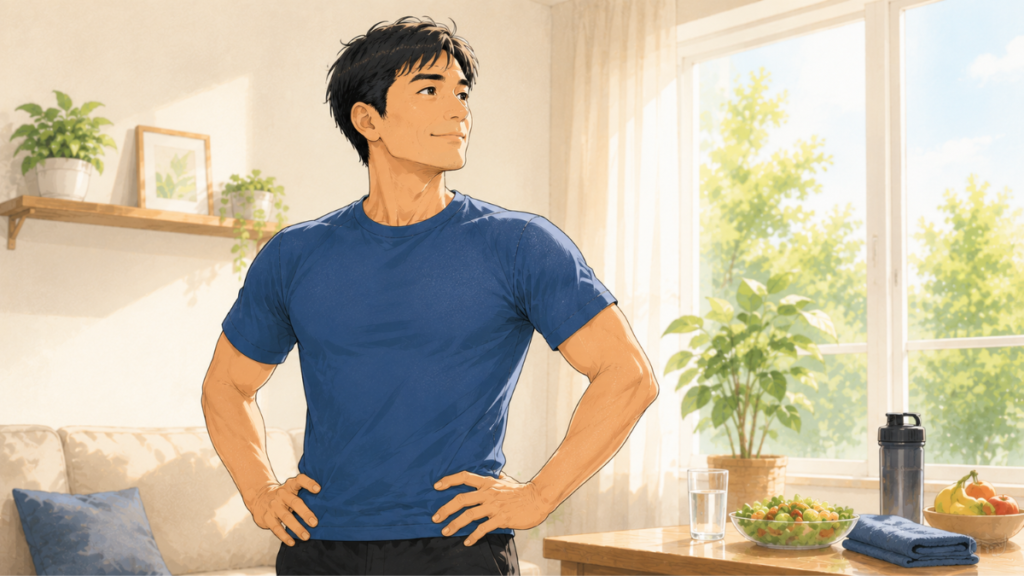 健康習慣を続けて前向きな表情を見せる40代男性のイラスト