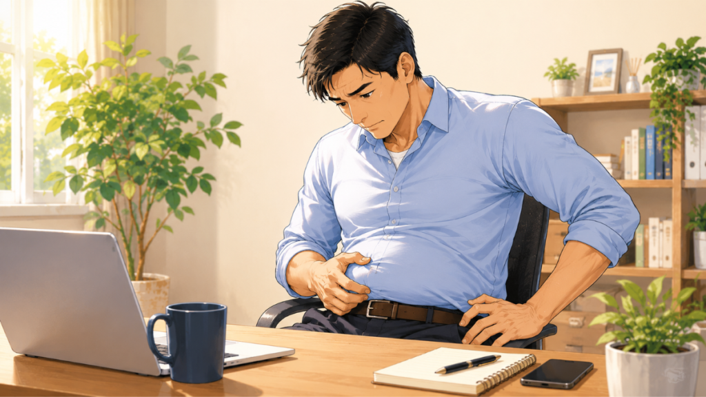 お腹周りの変化に悩む40代男性とデスクワークのイラスト
